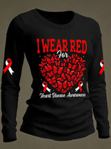 Women's Casual Heart Disease Awareness Print Long-Sleeve T-Shirt