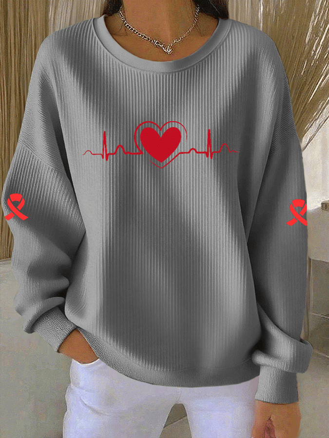 Women's Casual Heart Disease Awareness Print Long Sleeve Knit Top