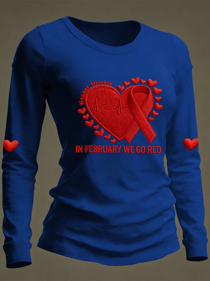 Women's Casual Heart Disease Awareness Print Long-Sleeve T-Shirt