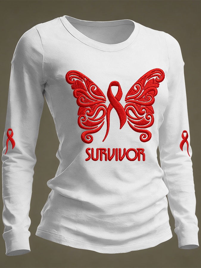 Women's Casual Heart Disease Awareness Print Long-Sleeve T-Shirt