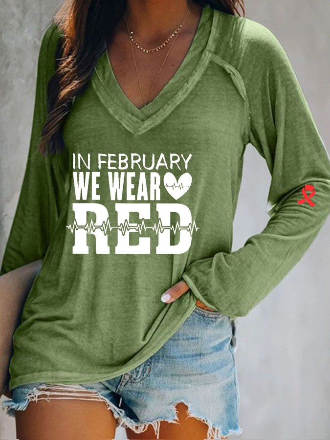 Women's Casual Heart Disease Awareness Printed Long Sleeve Top