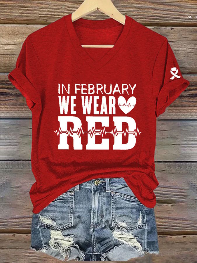 Women's Casual Heart Disease Awareness Printed Short-Sleeve T-Shirt
