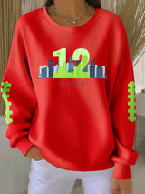 Women's Rugby Print Knit Crew Neck Long Sleeve Top