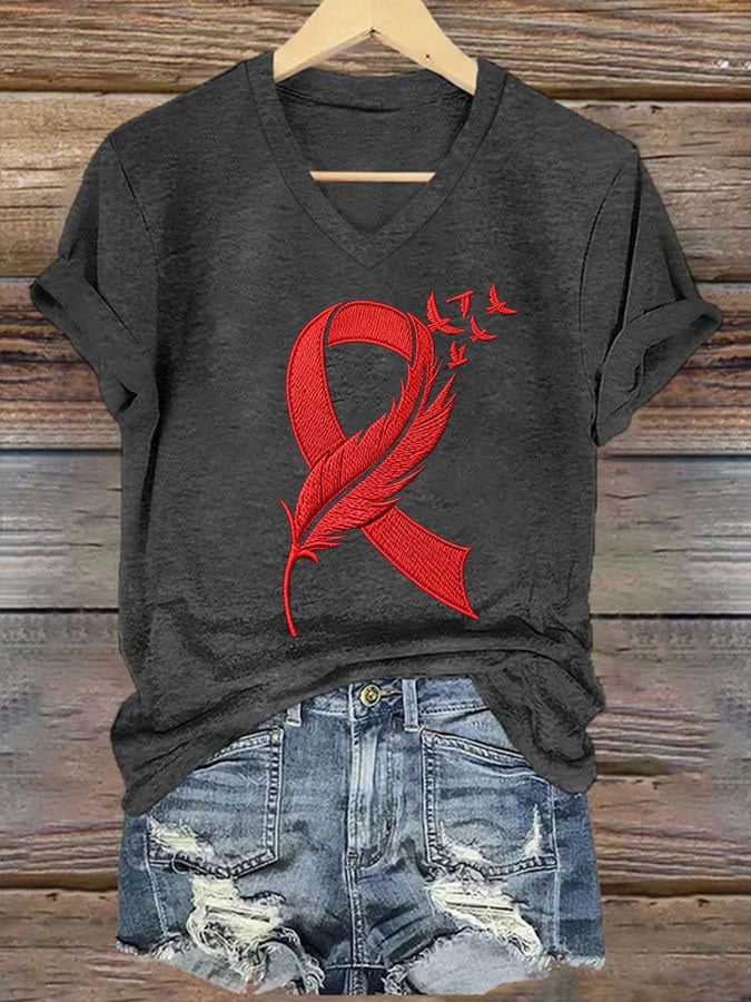 Women's Heart Disease Awareness Red Ribbon Print Casual T-shirt