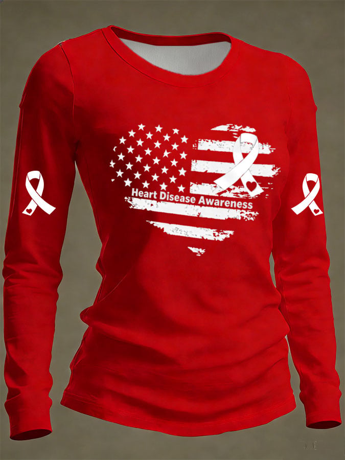 Women's Casual Heart Disease Awareness Print Long-Sleeve T-Shirt
