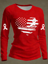 Women's Casual Heart Disease Awareness Print Long-Sleeve T-Shirt