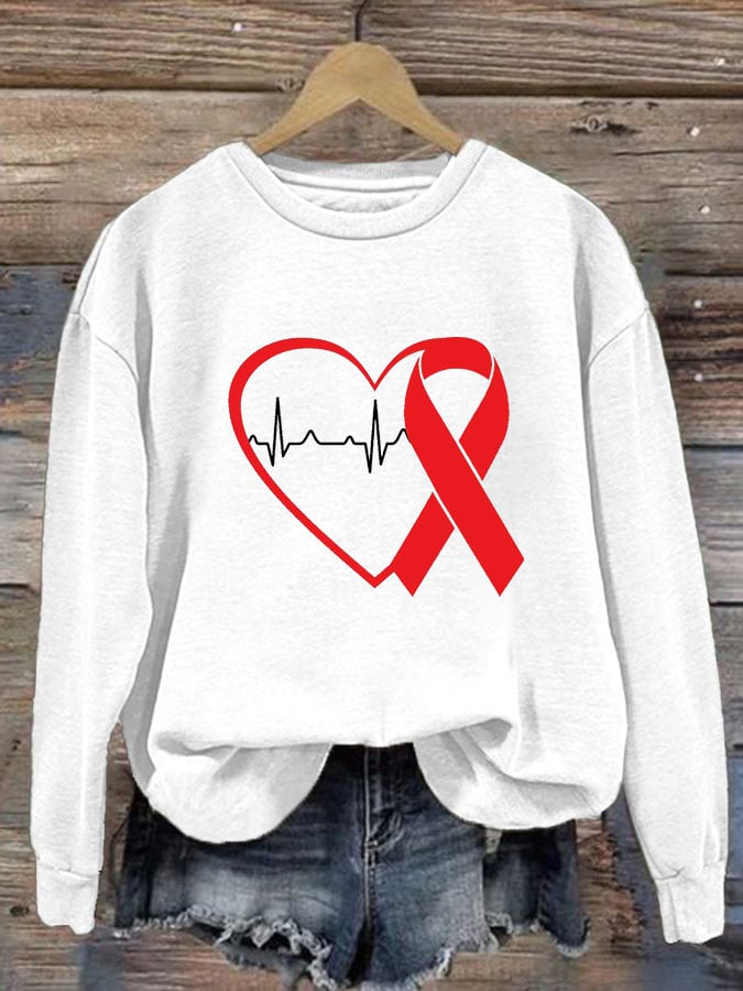 Women's Casual Heart Disease Awareness In February Wear Red Printed Long-Sleeve Sweatshirt