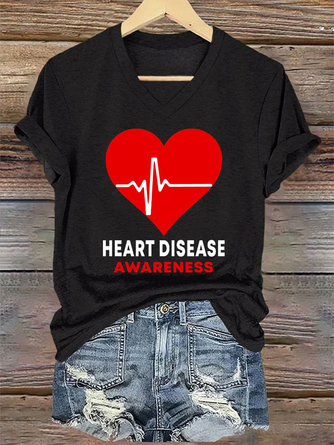 Women's Casual Heart Disease Awareness Printed Short-Sleeve T-Shirt