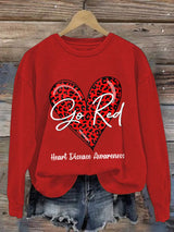 Women's Casual Heart Disease Awareness In February Wear Red Printed Long-Sleeve Sweatshirt