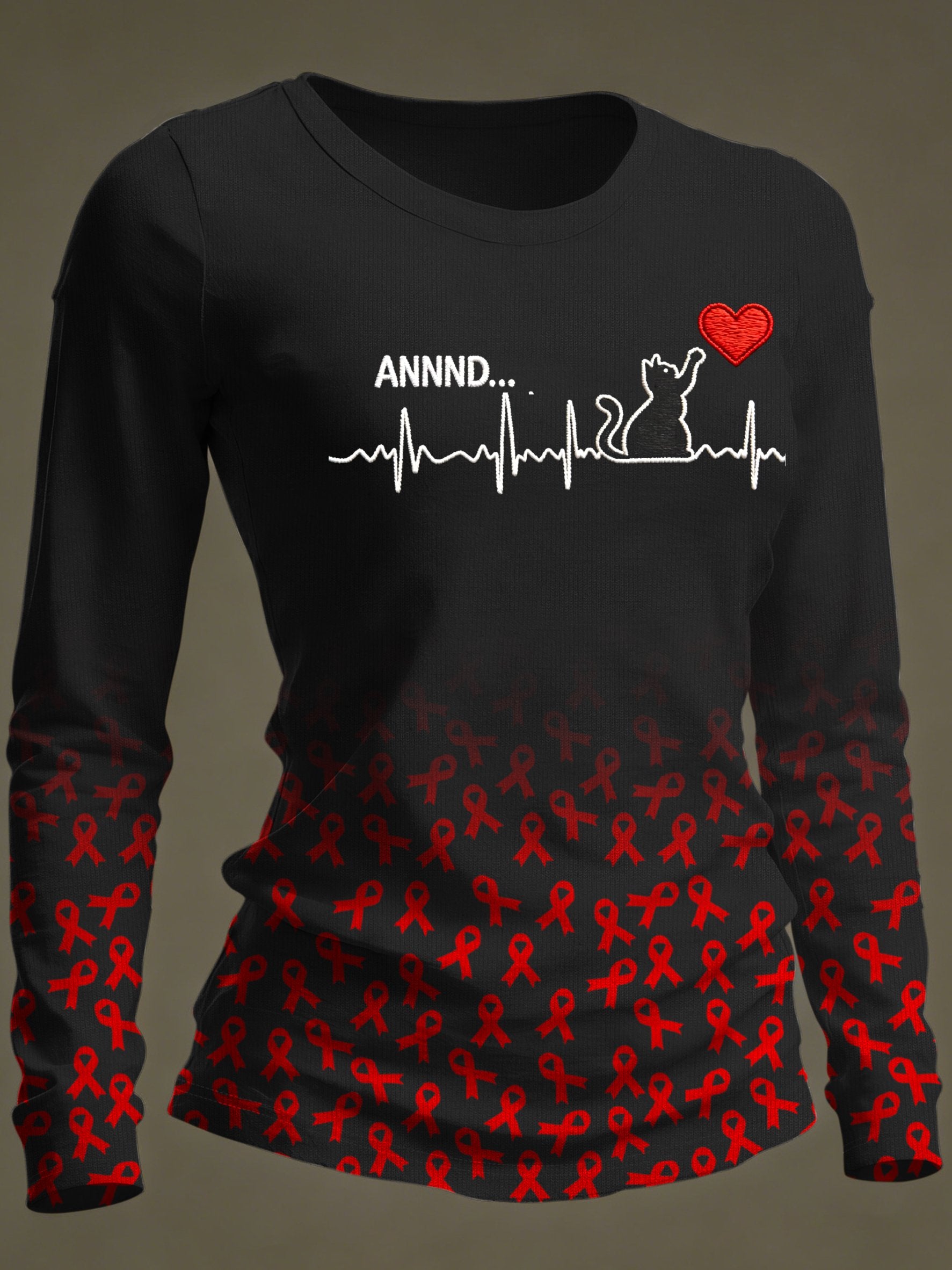 Women's Casual Heart Disease Awareness Print Long-Sleeve T-Shirt