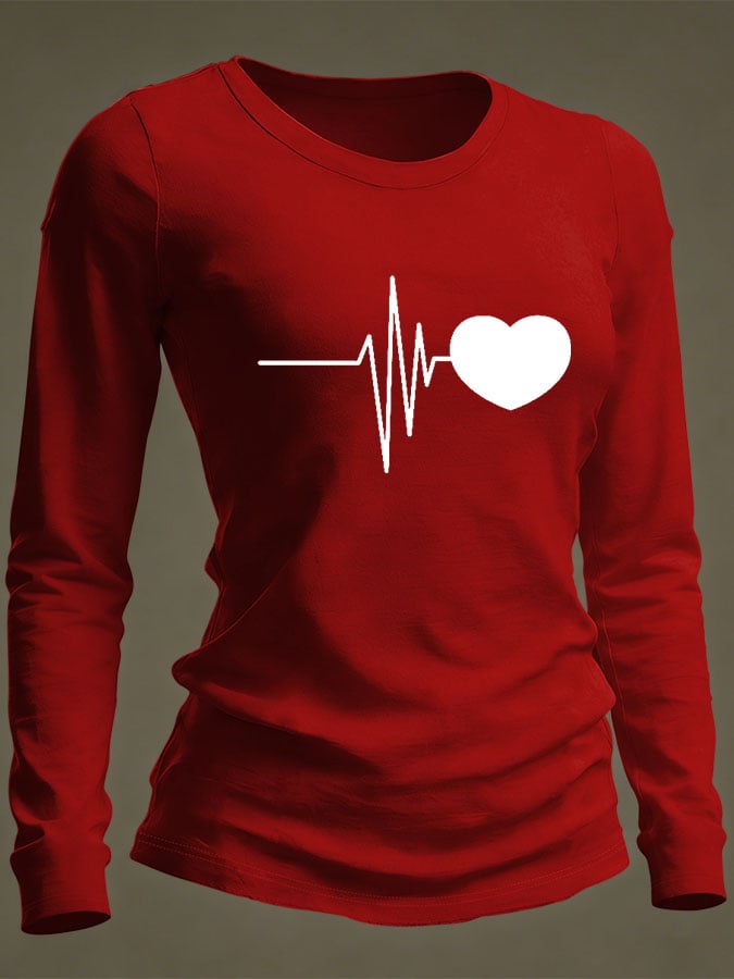 Women's Casual Heart Disease Awareness Print Long-Sleeve T-Shirt