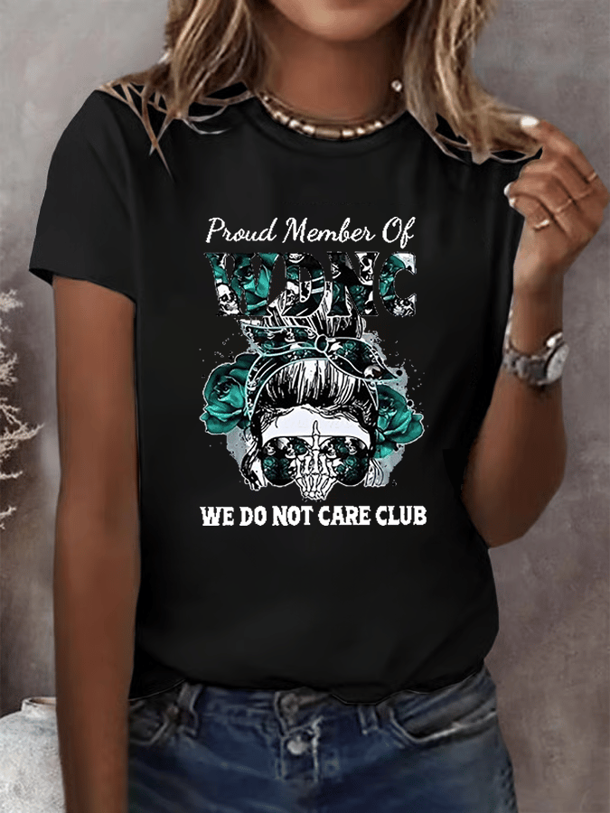 Women's Round-Neck Retro Funny Proud Member Of WDNC Club We Do Not Care Menopause Perimenopause Print T-Shirt